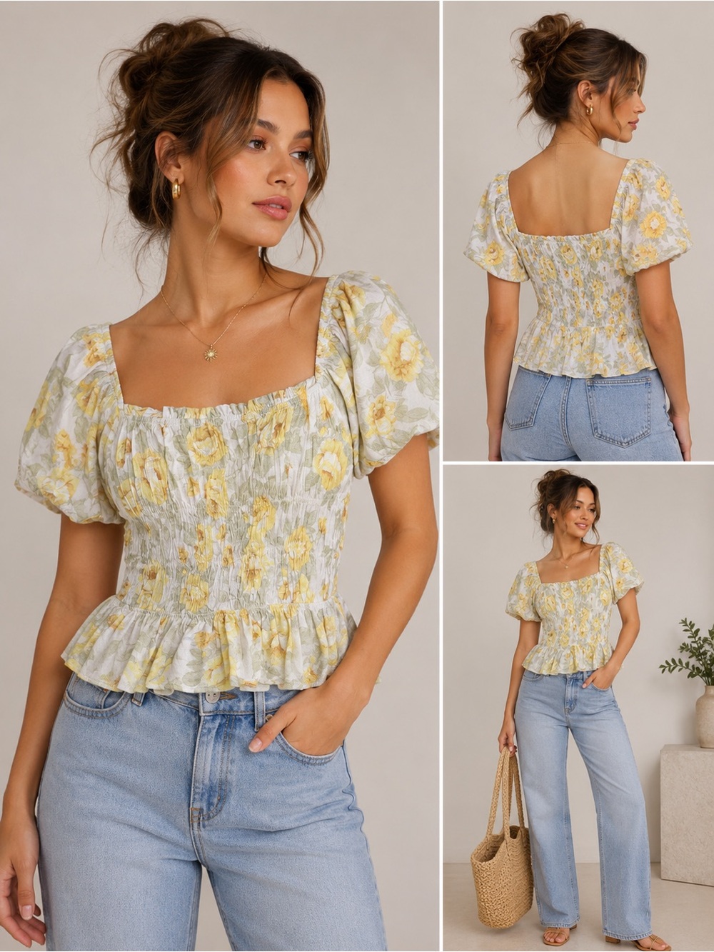 Monteau Yellow Floral Smocked Peplum Blouse